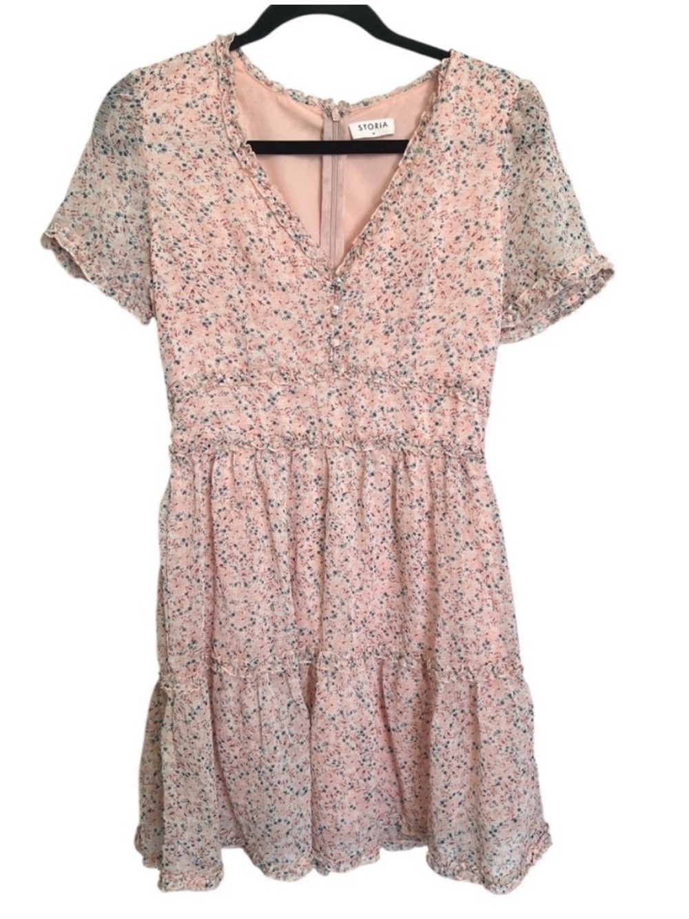 Storia Pink Ditzy Floral Tiered Mini Dress | Peasant Style | Size M